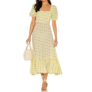 Faithful the Brand Revolve Gabriela midi dress yellow puff sleeve ruffle size 10